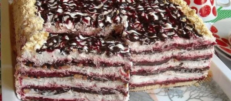 Obrázek receptu na rychlý nepečený dort s ovocem a čokoládou.