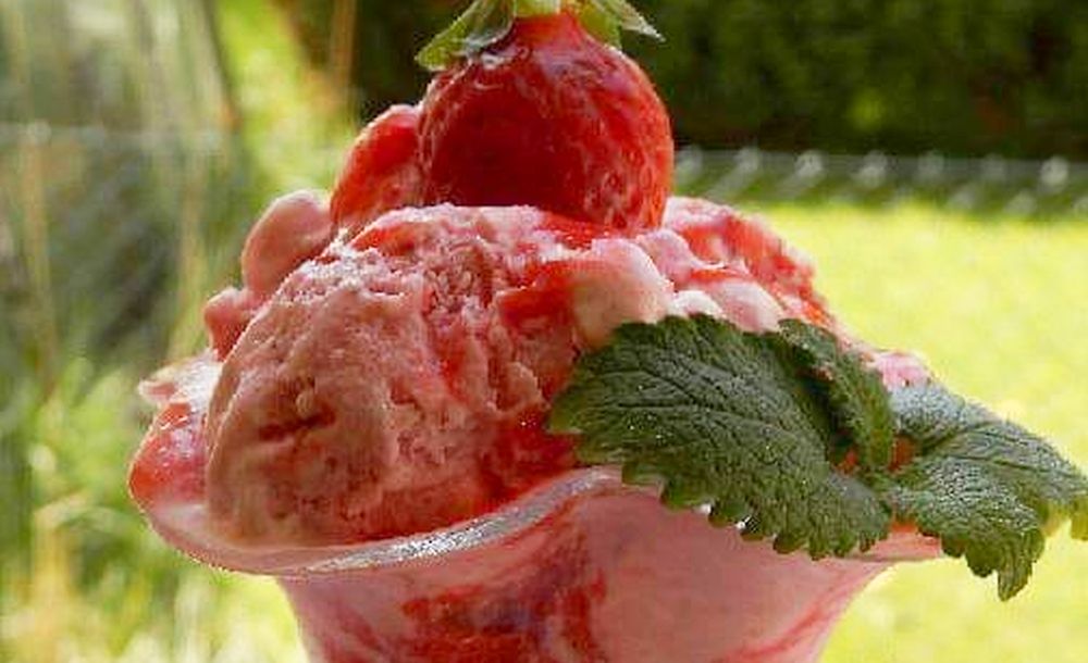 Obrázek receptu na domácí tvarohovo-jahodovou zmrzlinu.