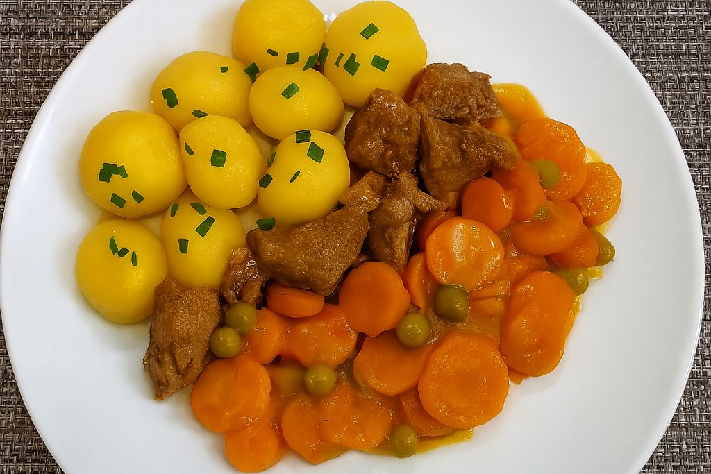 Obrázek k receptu na vepřové maso, brambor a dušenou mrkev