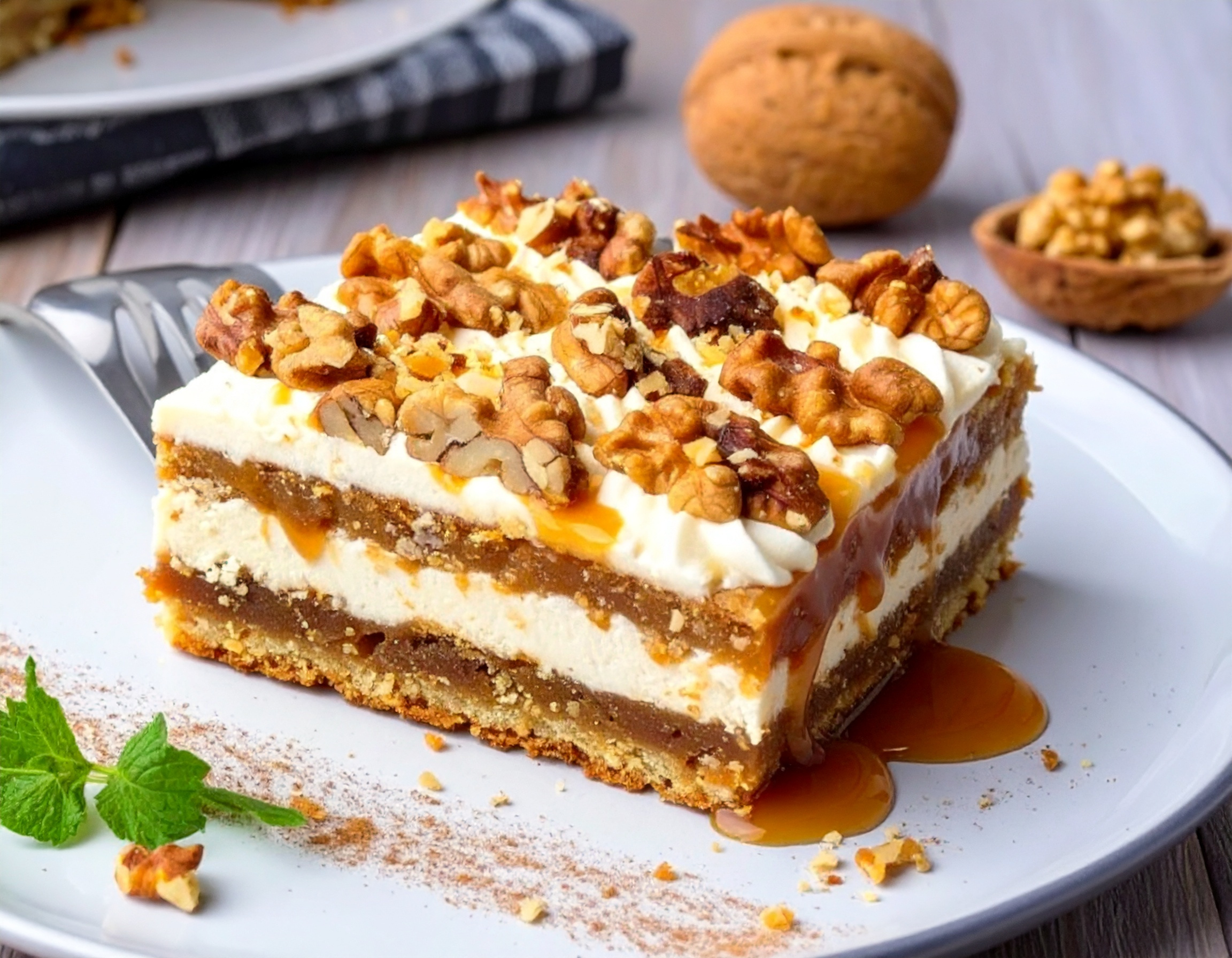 Obrázek pro Recept na Ořechové řezy z šesti vrstev s karamelem, krémem a sněhem