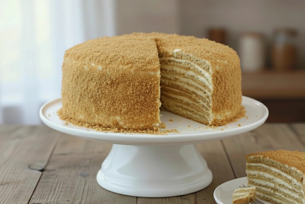 Obrázek receptu na Vrstvený medovníkový dort z medového těsta a jemného krému ze zakysané smetany