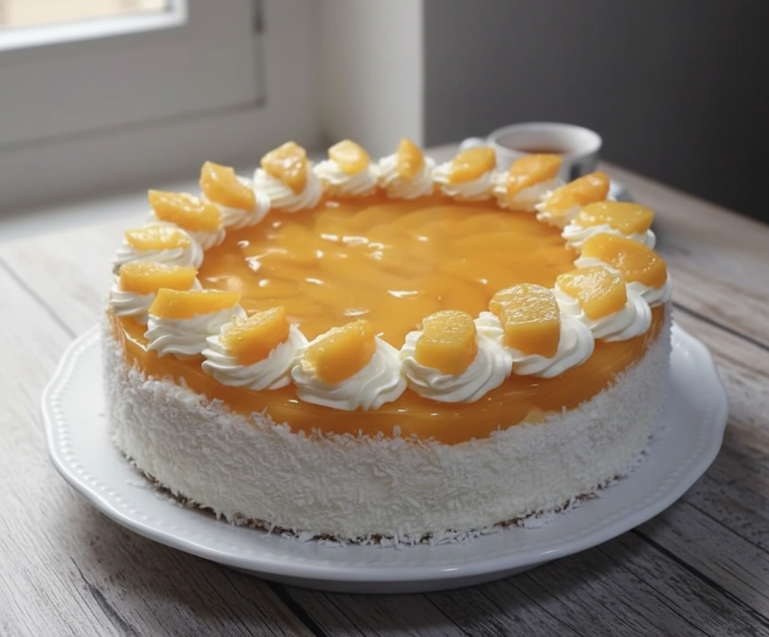 Obrázek k receptu na piškotový dort s broskvemi a šlehačkou