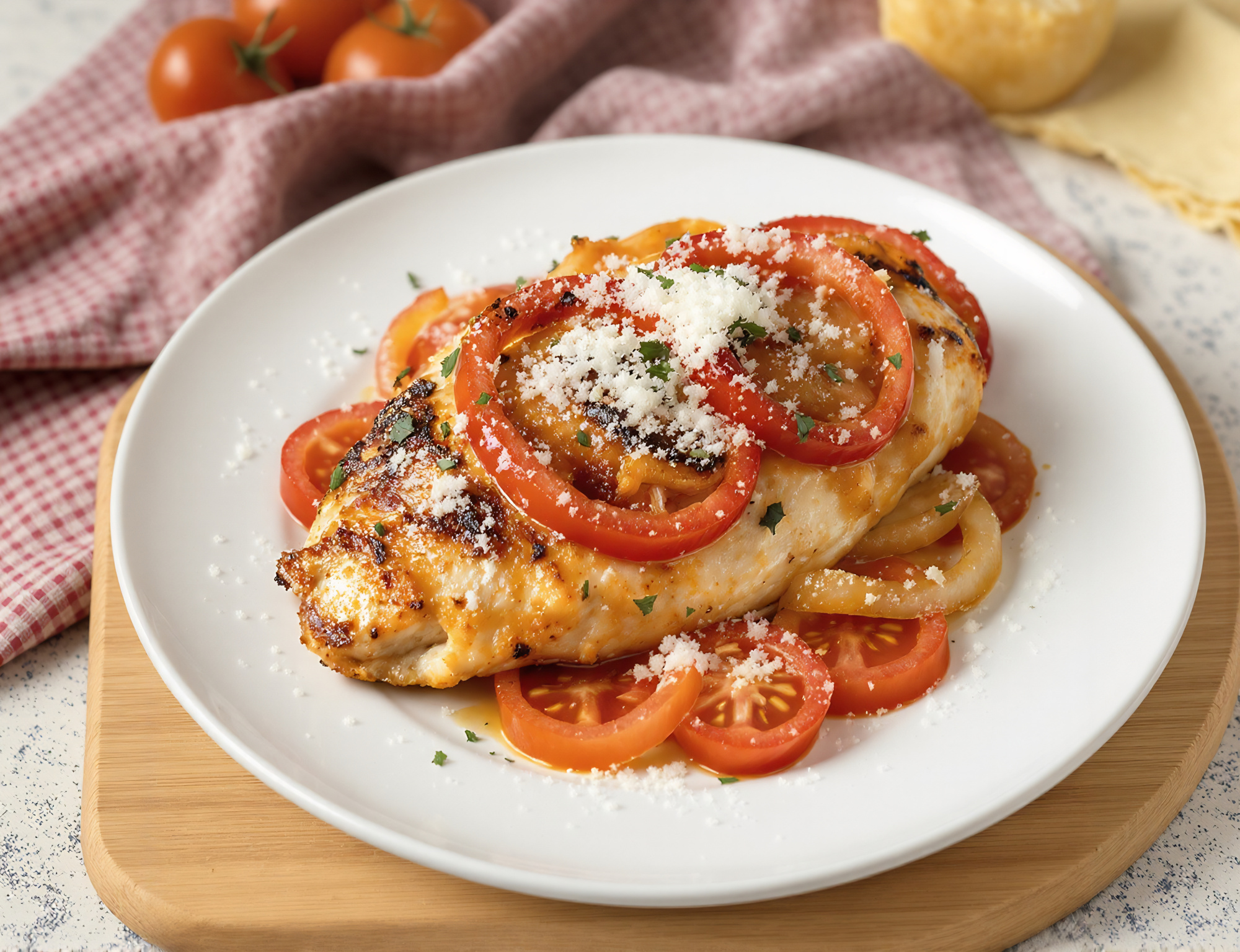 Obrázek receptu na Kuřecí prsa zapečená v troubě s kolečky cibule a rajčat posypané strouhaným sýrem a bylinkami