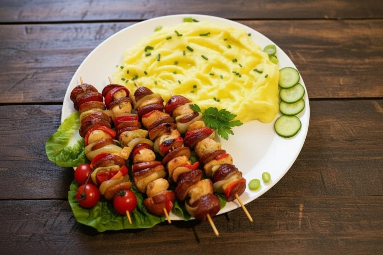 Obrázek k receptu na ražniči s bramborovou kaší a rajčatovým salátem