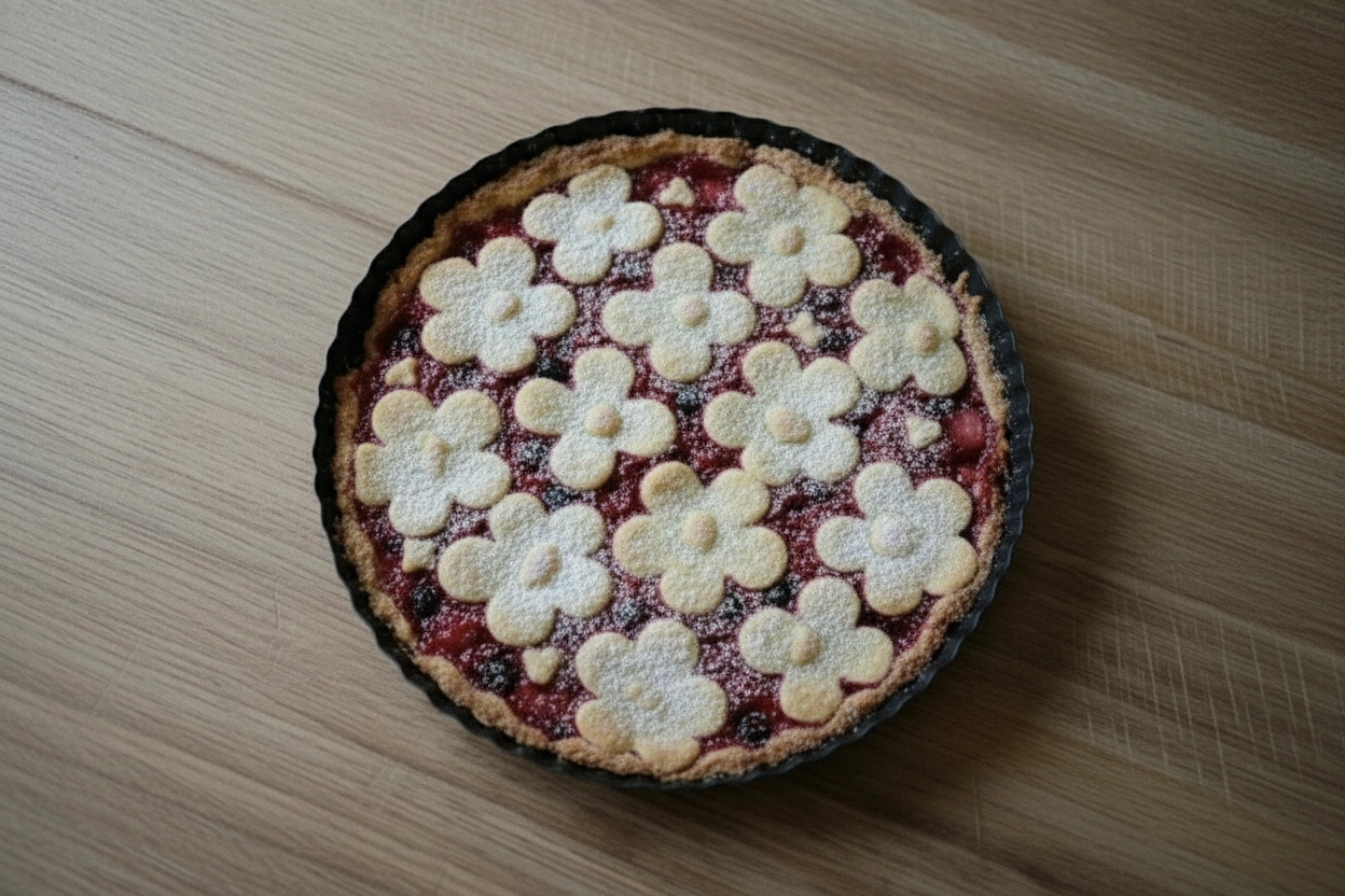 Obrázek receptu na Kytkový linecký koláč s čerstvým ovocem ze zahrádky a tvarohem