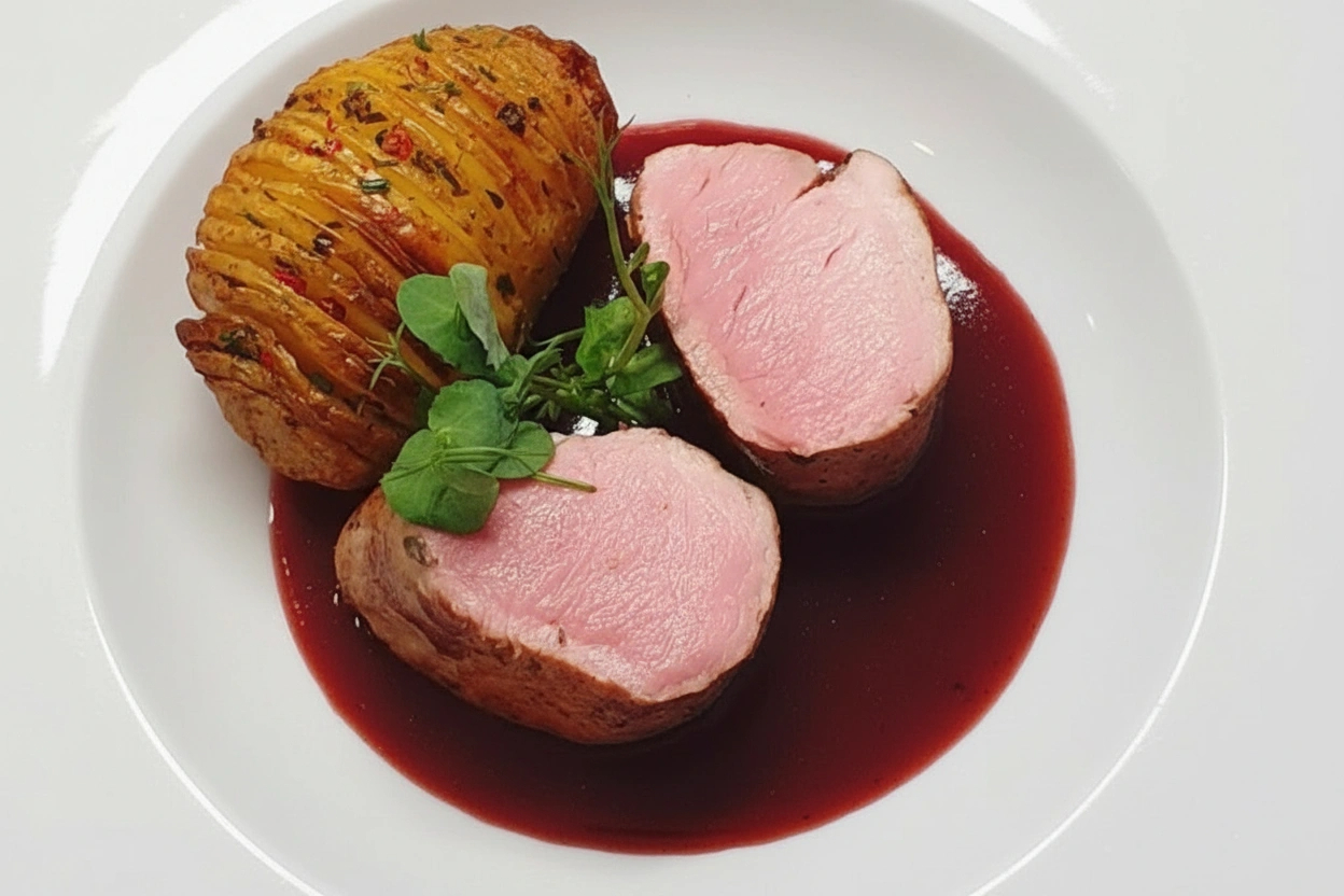 Obrázek receptu na Krásný pokrm na sváteční stůl: vepřová panenka sous-vide s fíkovou omáčkou a hasselback bramborem