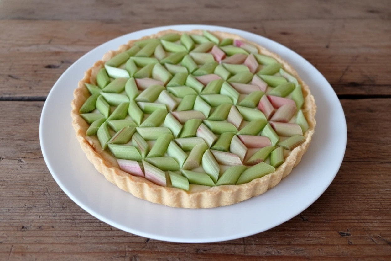 Obrázek receptu na Linecký koláč s pudinkem a rebarborou, křehký koláč s jemným krémem a svěží kyselkavostí rebarbory