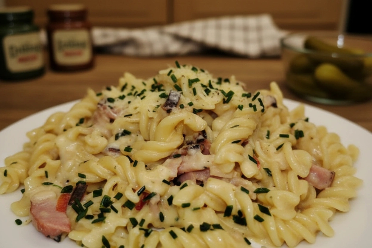 Obrázek receptu na Schinkennudeln – německé šunkové nudle— poctivé, domácké jídlo, které voní kuchyní německých rodinných večeří