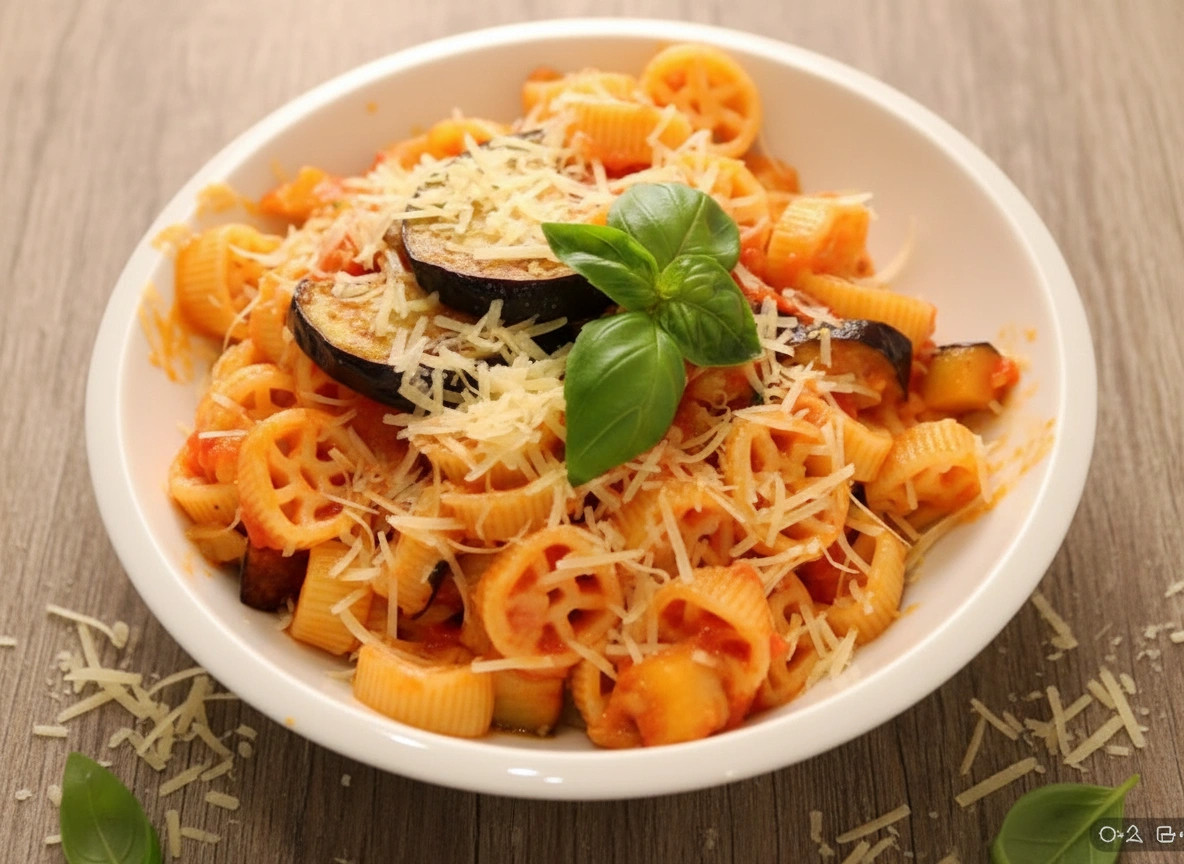 Obrázek k receptu na těstoviny s lilkem a rajčaty