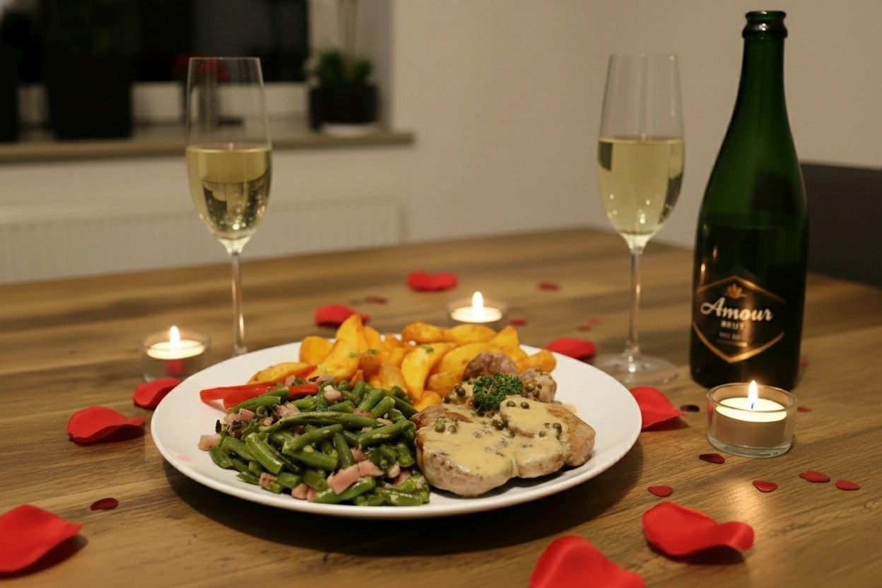 Obrázek k receptu na vepřovou panenku, opečené brambory, fazolky se slaninou a pepřovou omáčku