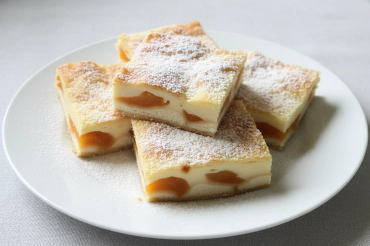 Obrázek receptu na Vojáčkovy řezy s pudinkem a meruňkami, křehké, krémové a radostně ovocné, rychlý zákusek ke kávě jak jinak než z listového těsta