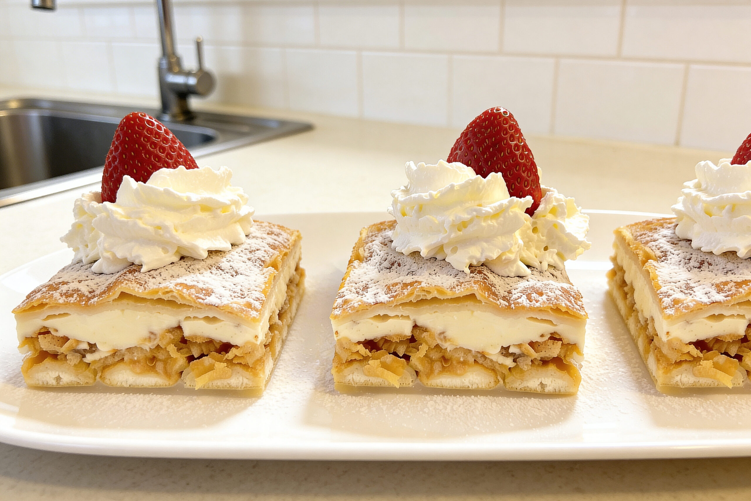 Obrázek receptu na Křehké řezy z listového těsta s jablky, piškoty a vanilkovým pudinkem, rychlý rodinný dezert, který si zamilují nejen děti